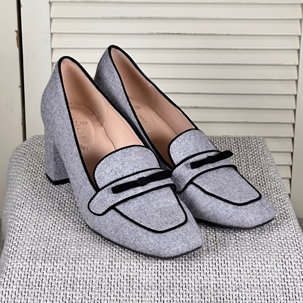 Bandolino Larkin Modern‎ Gray Square Toe Loafer Heels Black Bow Trim Size 9 M